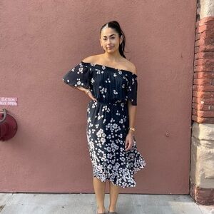 Navy blue and white floral off the shoulder dress with ruffle sleeves
